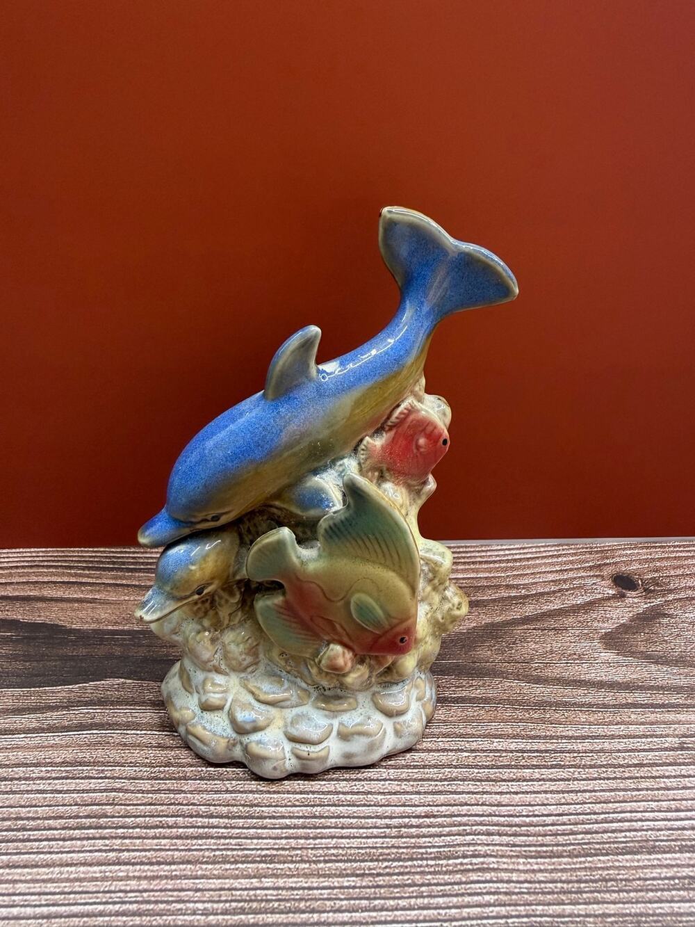 Vintage Ceramic Dolphin & Tropical Fish Figurine Ocean Decor